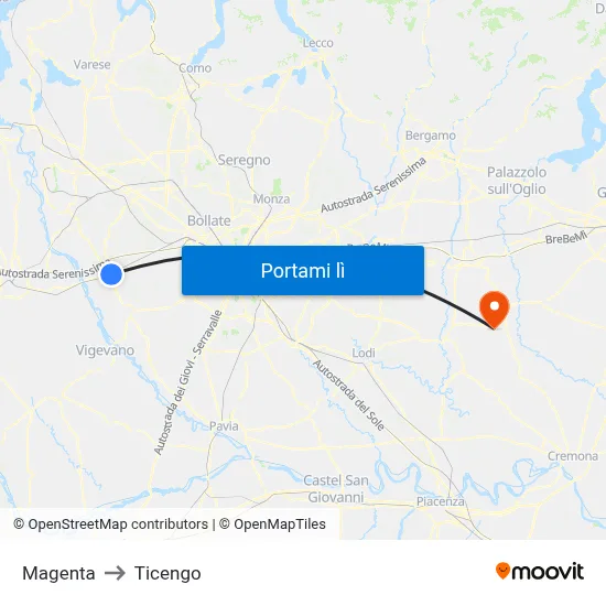 Magenta to Ticengo map