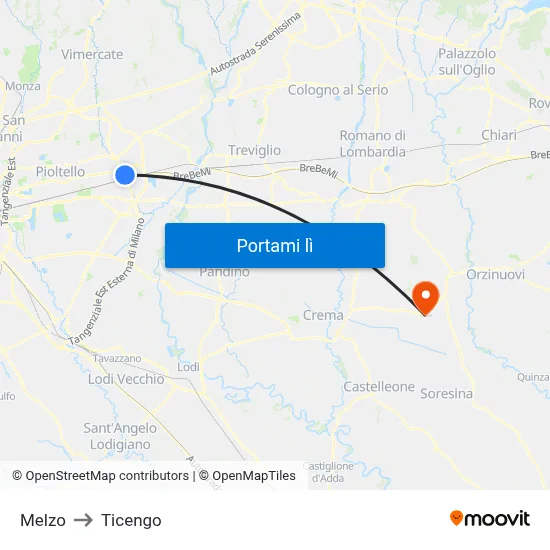 Melzo to Ticengo map