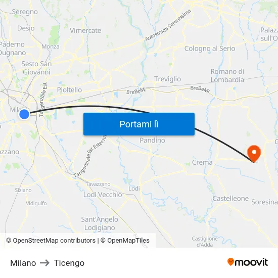 Milano to Ticengo map