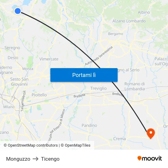 Monguzzo to Ticengo map