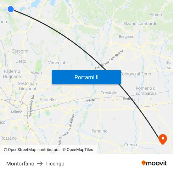 Montorfano to Ticengo map