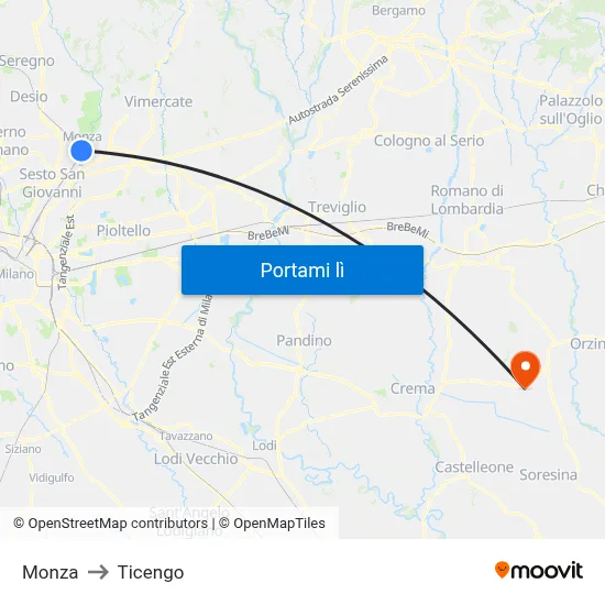 Monza to Ticengo map