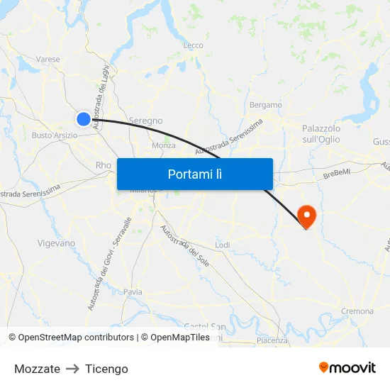 Mozzate to Ticengo map