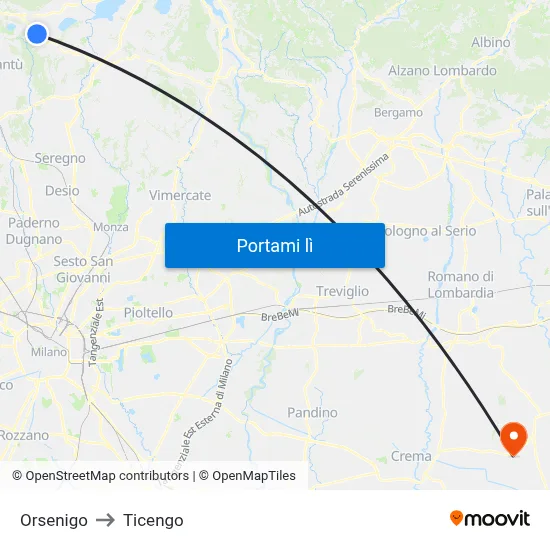 Orsenigo to Ticengo map