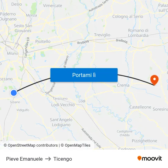 Pieve Emanuele to Ticengo map