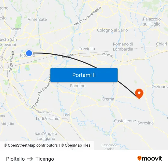 Pioltello to Ticengo map