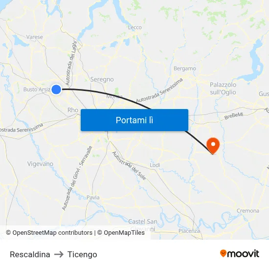 Rescaldina to Ticengo map