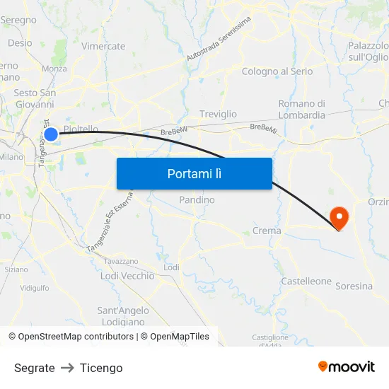 Segrate to Ticengo map