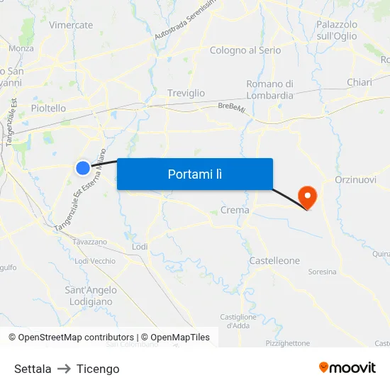 Settala to Ticengo map