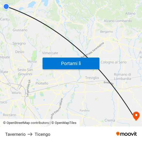 Tavernerio to Ticengo map