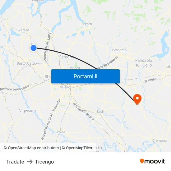 Tradate to Ticengo map