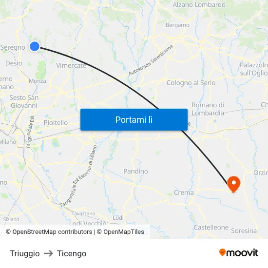 Triuggio to Ticengo map