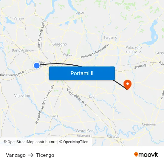 Vanzago to Ticengo map