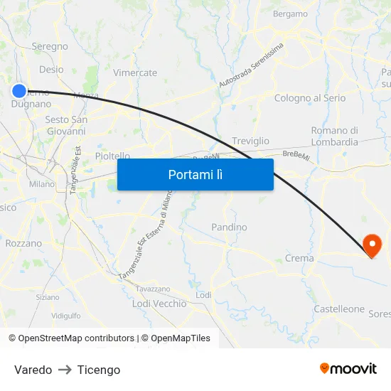 Varedo to Ticengo map