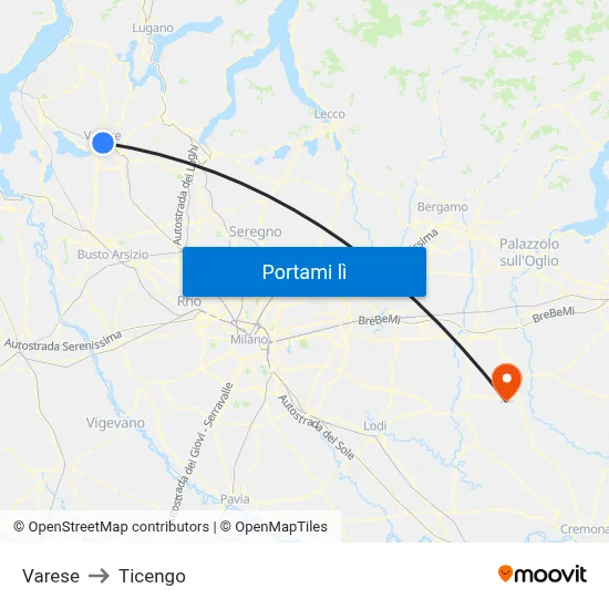 Varese to Ticengo map