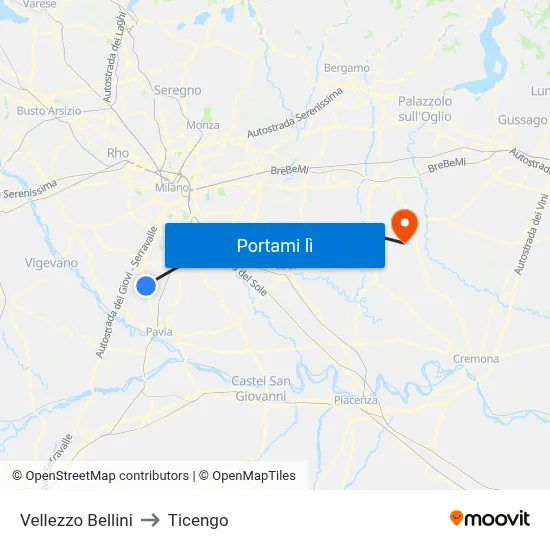 Vellezzo Bellini to Ticengo map