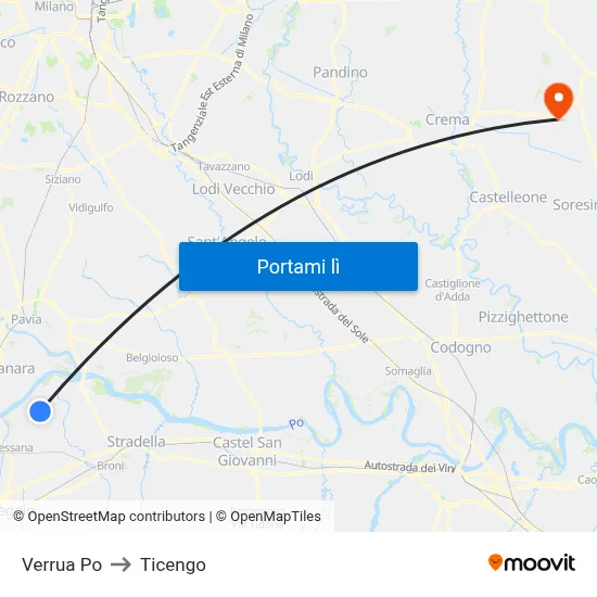 Verrua Po to Ticengo map