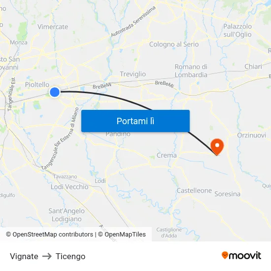 Vignate to Ticengo map