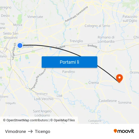Vimodrone to Ticengo map