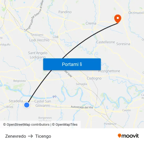 Zenevredo to Ticengo map