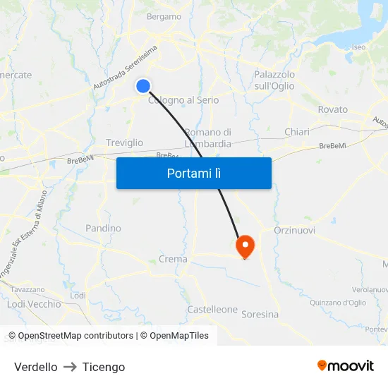 Verdello to Ticengo map