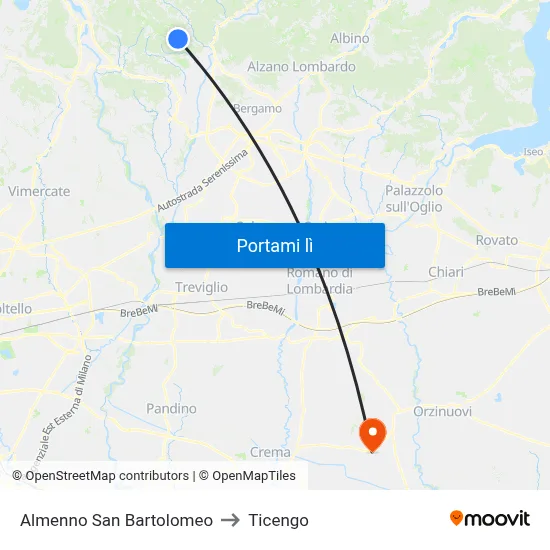 Almenno San Bartolomeo to Ticengo map