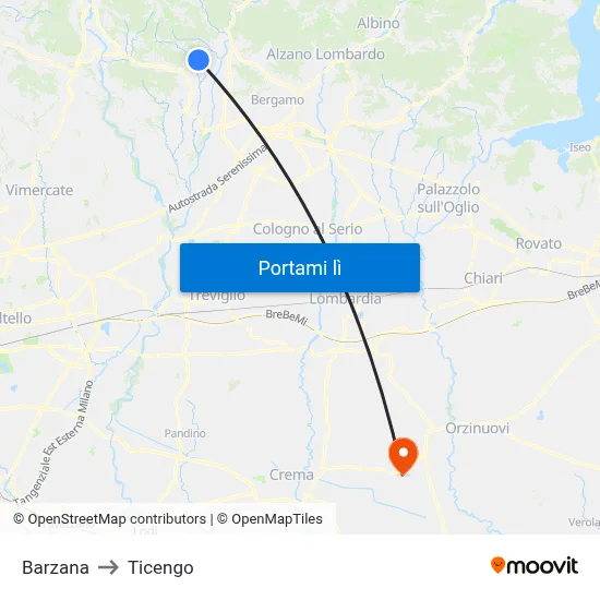 Barzana to Ticengo map