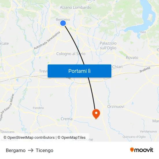 Bergamo to Ticengo map