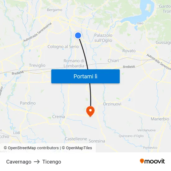 Cavernago to Ticengo map