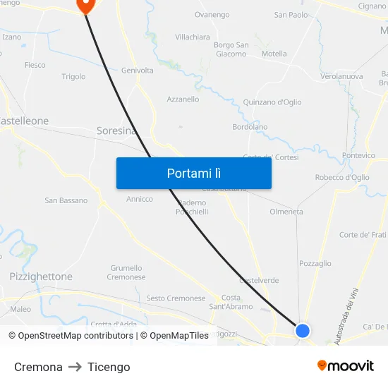Cremona to Ticengo map