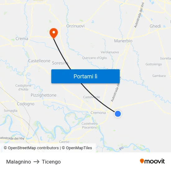 Malagnino to Ticengo map
