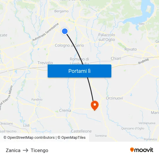 Zanica to Ticengo map