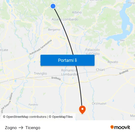 Zogno to Ticengo map