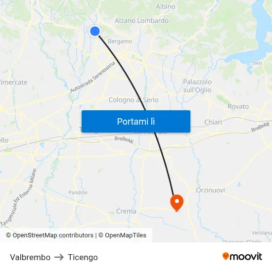 Valbrembo to Ticengo map