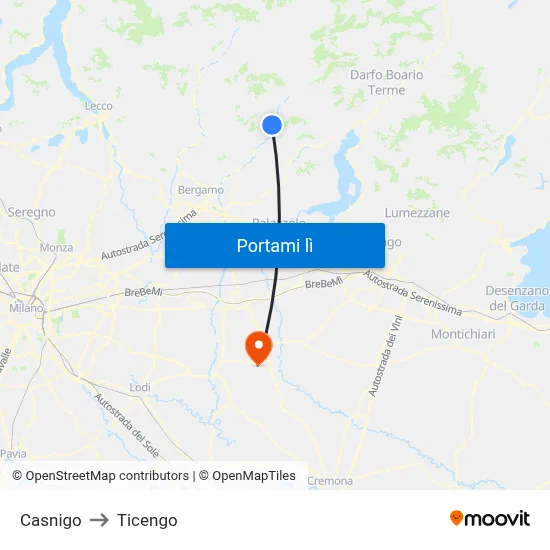 Casnigo to Ticengo map