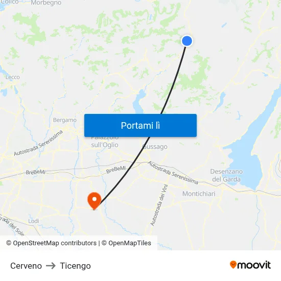 Cerveno to Ticengo map