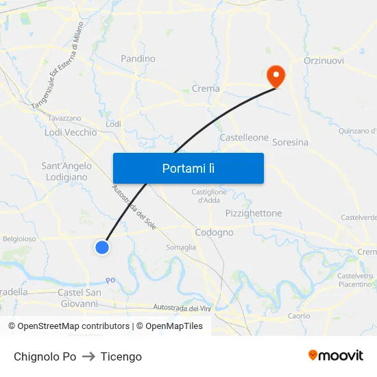 Chignolo Po to Ticengo map