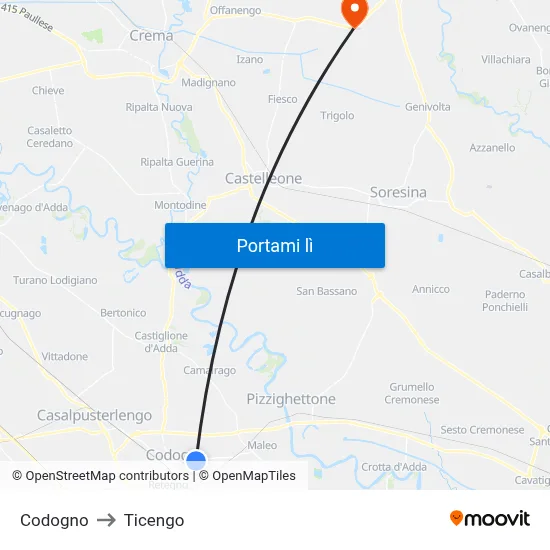 Codogno to Ticengo map