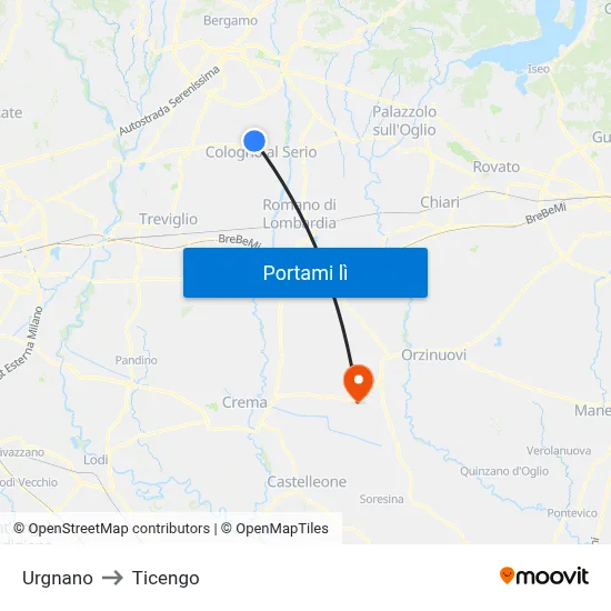 Urgnano to Ticengo map