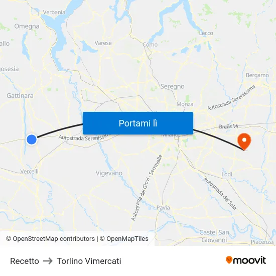 Recetto to Torlino Vimercati map