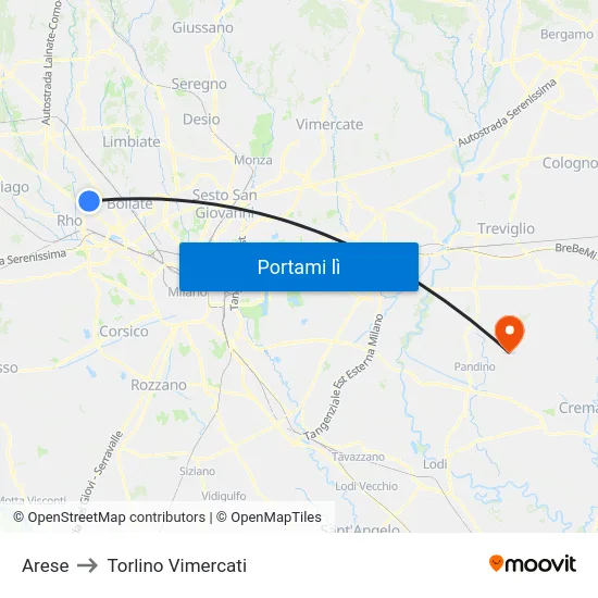 Arese to Torlino Vimercati map