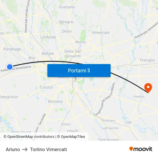 Arluno to Torlino Vimercati map