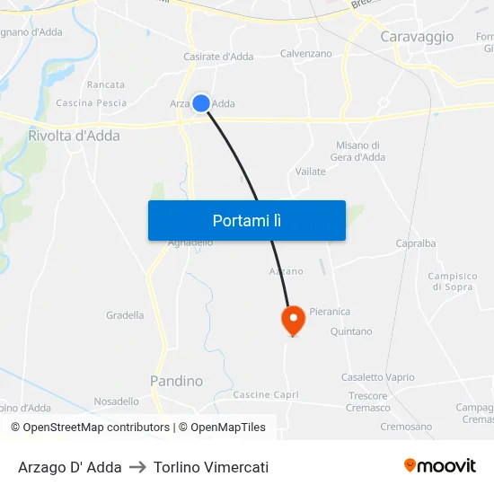 Arzago D' Adda to Torlino Vimercati map