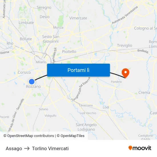 Assago to Torlino Vimercati map