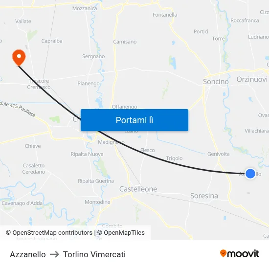 Azzanello to Torlino Vimercati map