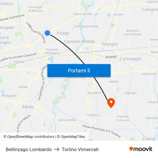 Bellinzago Lombardo to Torlino Vimercati map