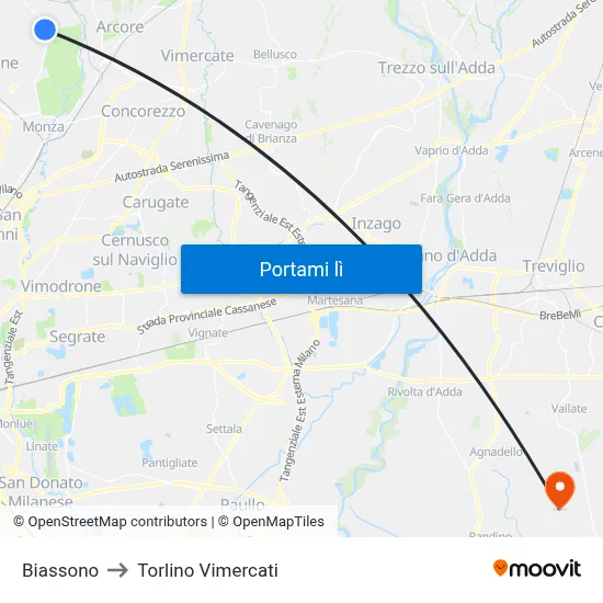 Biassono to Torlino Vimercati map