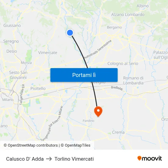 Calusco D' Adda to Torlino Vimercati map