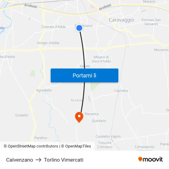 Calvenzano to Torlino Vimercati map