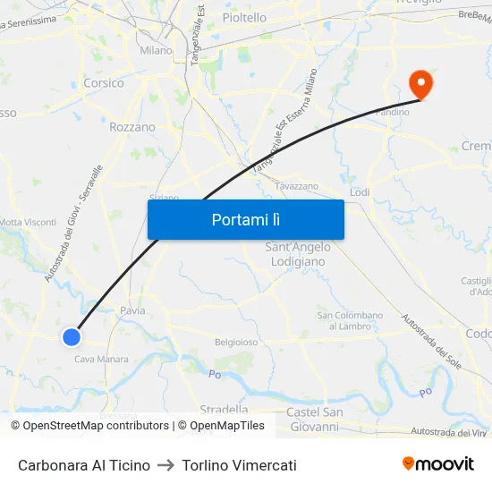 Carbonara Al Ticino to Torlino Vimercati map